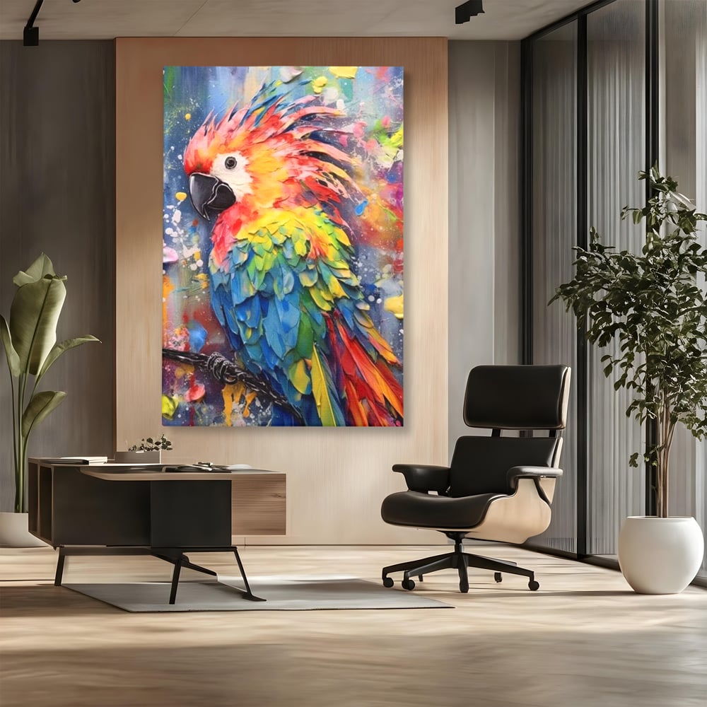 Tablou canvas cu tablou canvas cu papagal colorat, fara rama, pe sasiu de lemn, pe perete intr-un birou